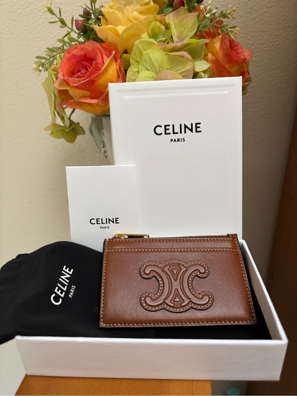 Authentic Celine Brown Leather Triomphe Zip Card Case. Brand new.